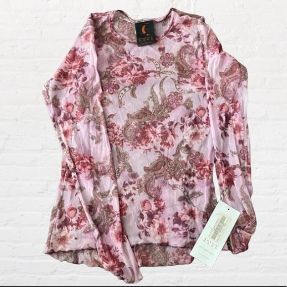 SHELIA MOON Mesh Long Sleeve Pink Floral Paisley Top with Back Pockets, sz Small - Picture 9 of 12